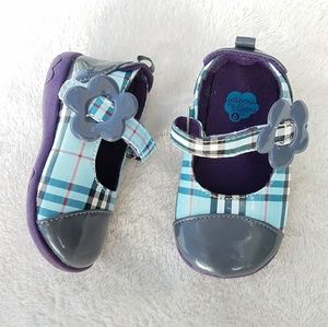 Girl's Blue Plaid Baby Shoes Flower Velcro Strap